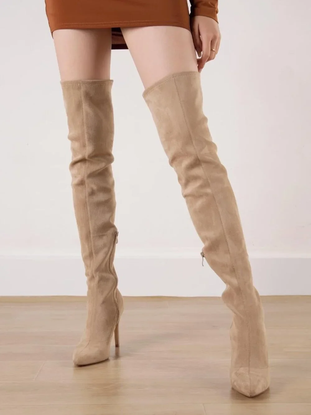 Women's Khaki Suede Side Zipper Stiletto Heel Stretch Over The Knee Boots